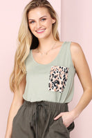 ALL SIZES SLEEVELESS TOP WITH LEOPARD PRINT POCKET- SAGE