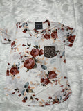 ALL SIZES SHORT SLEEVE CRISSCROSS V NECK FLORAL PRINT TOP WITH GOLD SEQUINS POCKET - IVORY