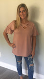 ALL SIZES RUFFLED SHORT SLEEVE CRISSCROSS V NECK TOP - DUSTY PINK