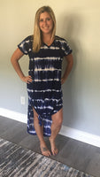 ALL SIZES SHORT SLEEVE V NECK TIE DYE PRINT MAXI DRESS WITH SIDE POCKET - NAVY