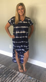 ALL SIZES SHORT SLEEVE V NECK TIE DYE PRINT MAXI DRESS WITH SIDE POCKET - NAVY