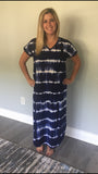 ALL SIZES SHORT SLEEVE V NECK TIE DYE PRINT MAXI DRESS WITH SIDE POCKET - NAVY