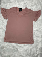 ALL SIZES RUFFLED SHORT SLEEVE CRISSCROSS V NECK TOP - DUSTY PINK