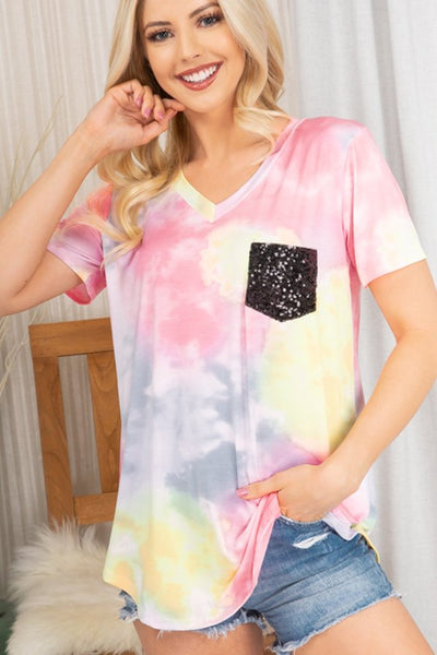 ALL SIZES SHORT SLEEVE V NECK TIE DYE TOP WITH BLACK SEQUINS POCKET