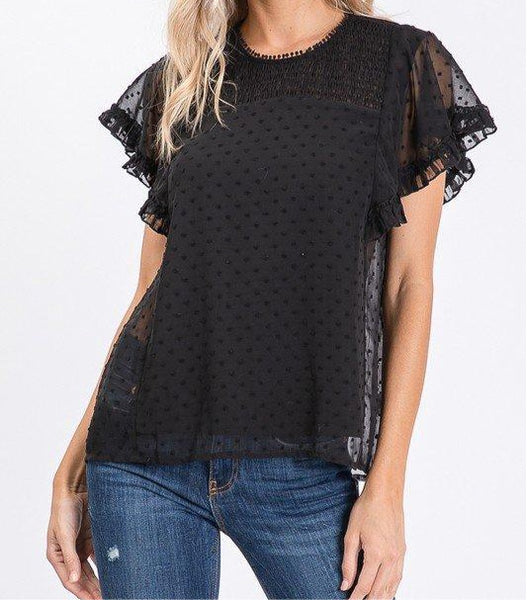 PLUS SIZE RUFFLED SHORT SLEEVE SOLID TOP WITH SMOCKED DETAIL - BLACK
