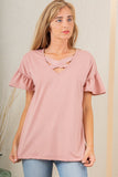 ALL SIZES RUFFLED SHORT SLEEVE CRISSCROSS V NECK TOP - DUSTY PINK