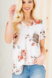 ALL SIZES SHORT SLEEVE CRISSCROSS V NECK FLORAL PRINT TOP WITH GOLD SEQUINS POCKET - IVORY